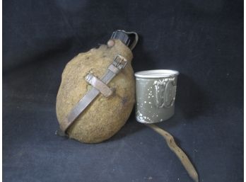 WWII Era German Canteen With Original Wool Snap Cover And Cup