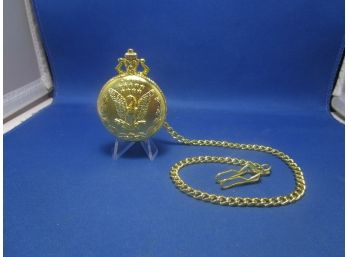 Gold Tone Pocket Watch With Eagle Dial & Chain