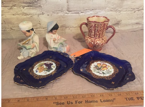 Asian Themed Lot, Bookends, Copper Painted Vase, 2 Small Serving Trays