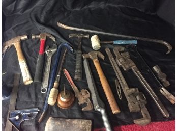 Tool Assortment, Pipe Wrenches, Hammers, Crow Bar And More