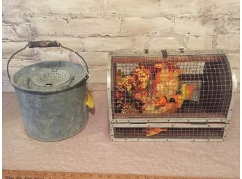 Vintage Minnow Bucket And Small Animal Wooden Framed Cage