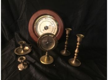 Vintage Barometer And Compass On Stand, Brass Pieces