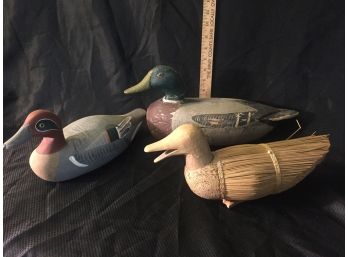 Vintage Duck Assortmen, Large Duck Is A Decoy, Middle Sized Duck Is Wooden, Small Duck Made From Natural Fiber