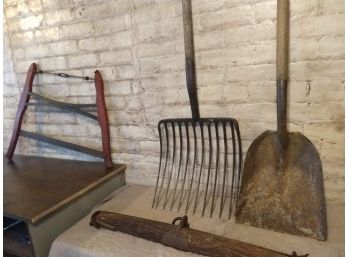 Antique And Primitive Farm Tools, Buck Bow Saw, Large Pitchfork, Yoke,