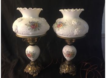 2 Beautifully Painted And Embossed Hurricane Lamps, Both Work, 16'
