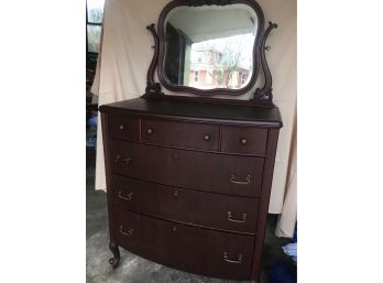 Antique Mahogany Dresser, Robert Mitchell Furniture Company, Cincinnati, With Mirror, Wheels On Base