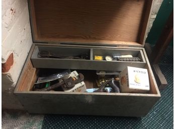 Large Wooden Tool Box With Vintage Tools