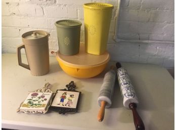 Vintage Kitchen Items, Tupperware, Rolling Pins, Trivets