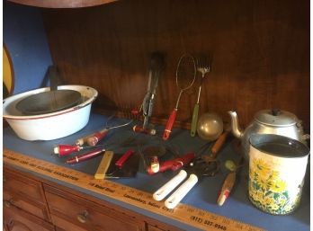 Vintage Kitchen Assortment- Enamelware, Wooden Red Handled Utensils, Painted Flour Sifter