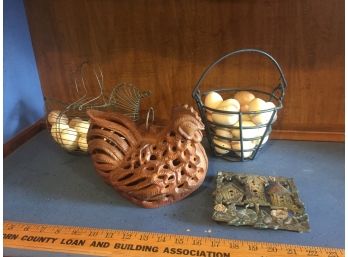 Cast Iron Hen And 2 Egg Baskets