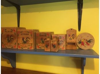 Vintage Wooden Rooster Canister Set, Hamburger Press