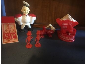 Vintage Red And White Salt/ Pepper Shakers, Napkin Holder- Jack And Jill, Lawrenceburg, IN