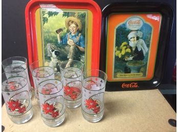 Vintage 6 Coca Cola Christmas Glasses, 2 Trays