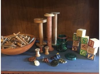 Vintage Wooden Items And Jar Of Buttons