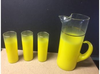 Retro Yellow Frosted Glass Pitcher, 3 Glasses