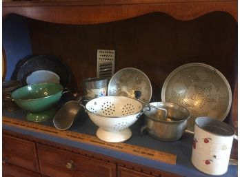 Vintage Enamelware Colanders, Flour Sifter And More