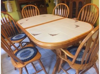 Beautiful Oak And Tile Table With Built In Leaf, 6 Chairs Including 2 Captain