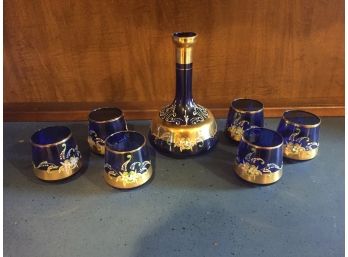 Vintage Lenwile Glass Cobalt Blue Decanter And Cups