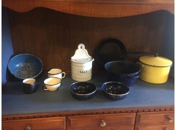 Vintage Enamelware Bowls, Pots, Skillet And More