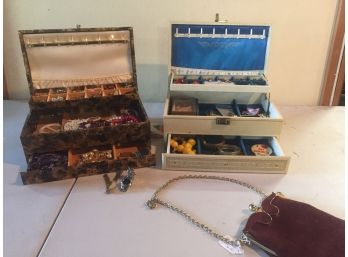 Costume Jewelry Assortment, 2 Jewelry Boxes And Vintage Purse