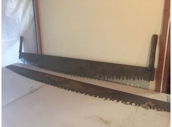 2 Antique Logging Crosscut Saws, 1 With Wooden Handles 1 With No Handles
