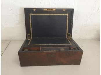 Antique Writing Desk- Portable, With Inkwells And Key