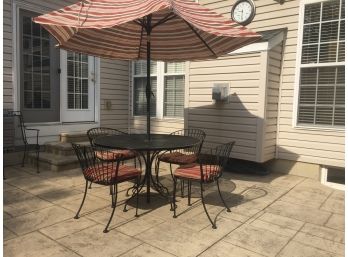 Metal Patio Set 4 Chairs W/ Table, Matching Umbrella And Seat Pads