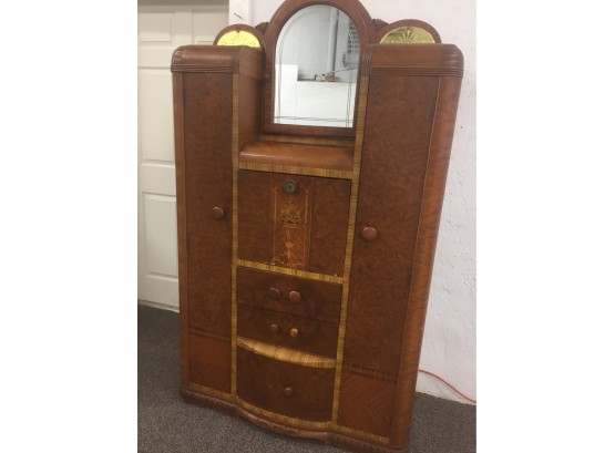 Unique Antique 1930's- 1940's Art Deco ,waterfall Wood With Inlays- Armoire With Secretary
