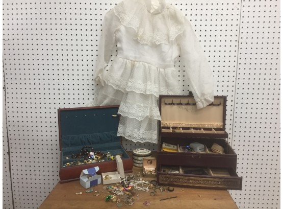 Vintage Christening Dress, Large Assortment Of Costume Jewelry