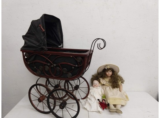 Vintage Doll Stroller With Porcelain Dolls