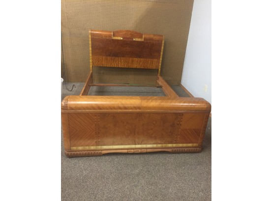 Unique Antique 1930'S- 1940'S Art Deco ,Waterfall Wood With Inlays-Full Bed With Compartment In The Footboard