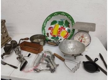Vintage Kitchen Assortment, Large Painted Enamel Bowl, Scale And More