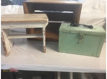 Vintage Crate, Stool And Metal Box