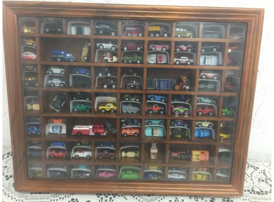 Glass And Wood Display Case Full Of Miniatures- Mattel And More