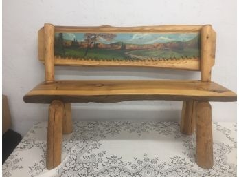 Wooden Bench With Sawblade Painting On The Back