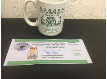 $25 Plug's And Uncle Steel's Brews Gift Certificate & 1995 Farmers Fair Mug