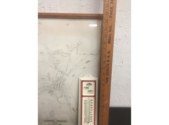 1968 Framed Map Of Aurora, IN- Vintage Metal First National Bank Thermometer