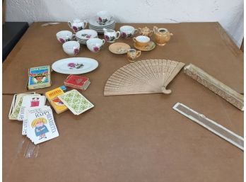 Children's Vintage Assortment, Tea Set, Cards And Ladies Fan