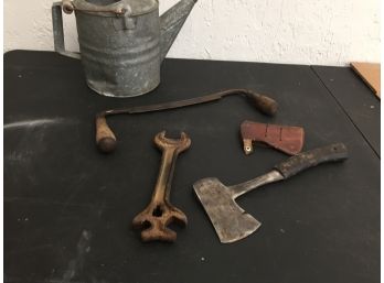 Vintage Tool Assortment And Watering Can, Draw Knife Craftsman Ax