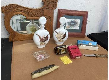 Antique Mirror And Vintage Items- Travel Alarm Clock, Decanters