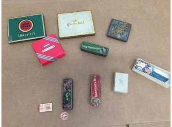 Antique Tins Filled With Stamps, Harmonica, Lucky Strike And Chesterfields