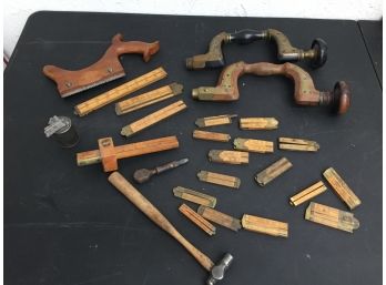 Antique Hand Brace Drills, Folding Rulers And More Tools