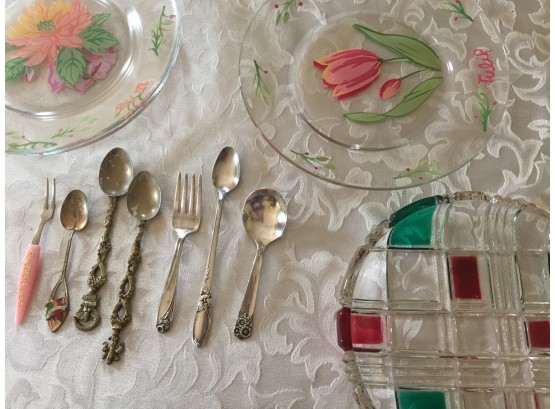 Hand Painted Dessert Plates, 1940's Cocktail Fork And More