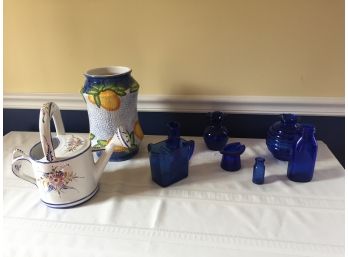 Vintage Cobalt Blue Glass, Watering Can-portugal, Vase- China