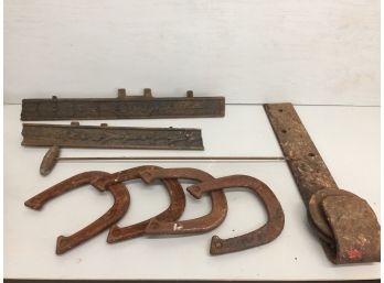 Vintage Cast Iron Decorative Pieces, Horse Shoes And Pulley