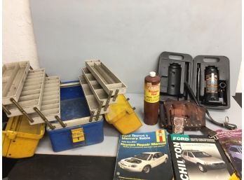 Garage Assortment, Repair Manuals, Tackle Box, Tool Belt And More
