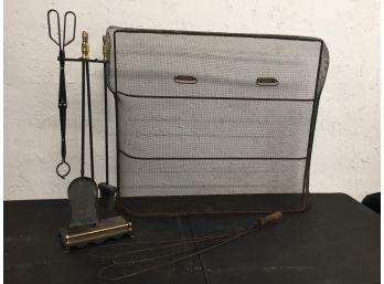 Vintage Fireplace Screen, Tools & Rug Beater