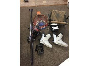 Sports Assortment- Ski, Boots, Basket Ball Goal, Baseball Helmet And More