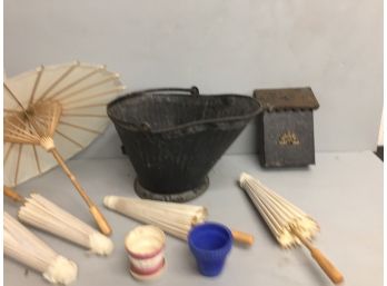 Coal Bucket, Paper Umbrella, Mailbox And Flower Pots