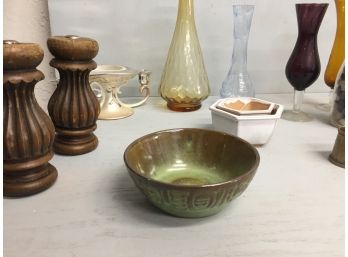 Vintage Frankoma Pottery, Lenox Candle Holder And Vintage Glass